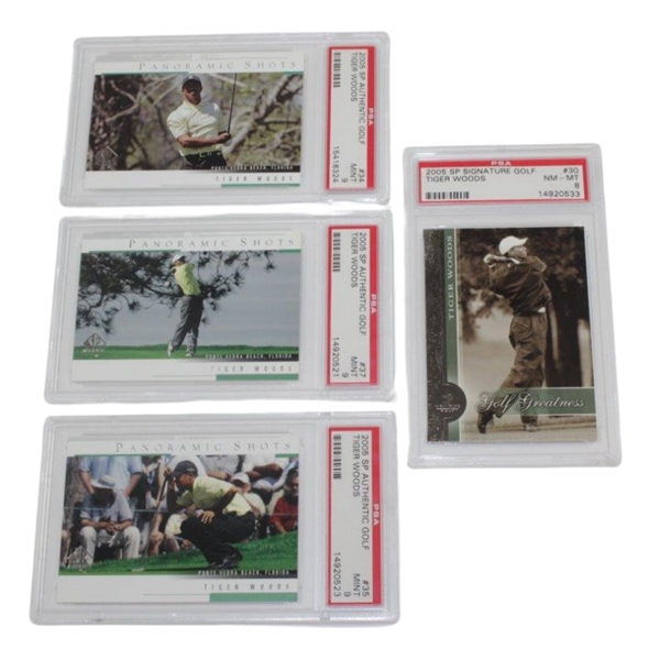 Four (4) Tiger Woods 2005 UDA PSA Slabbed Cards - Panoramic(x3) & Golf Greatness - Mint 9(x3) & NM 8
