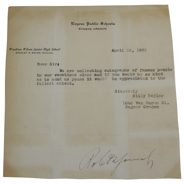 Bobby Jones Full Robert T. Jones, Jr. Signed April 22, 1933 Letter JSA FULL #Z90633