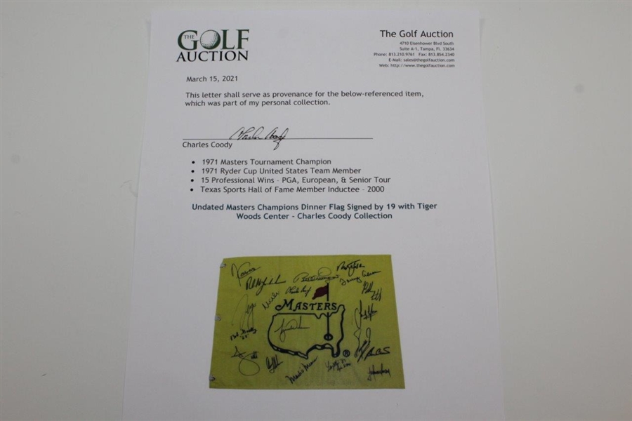 Undated Masters Champions Dinner Flag Signed by 19 with Tiger Woods Center - Charles Coody Collection JSA ALOA