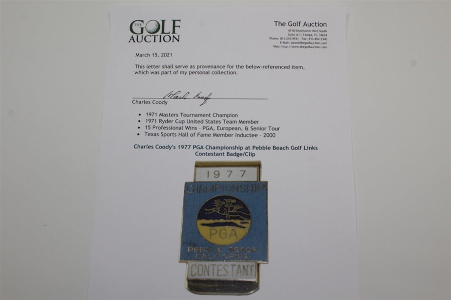 Charles Coody's 1977 PGA Championship at Pebble Beach Golf Links Contestant Badge/Clip