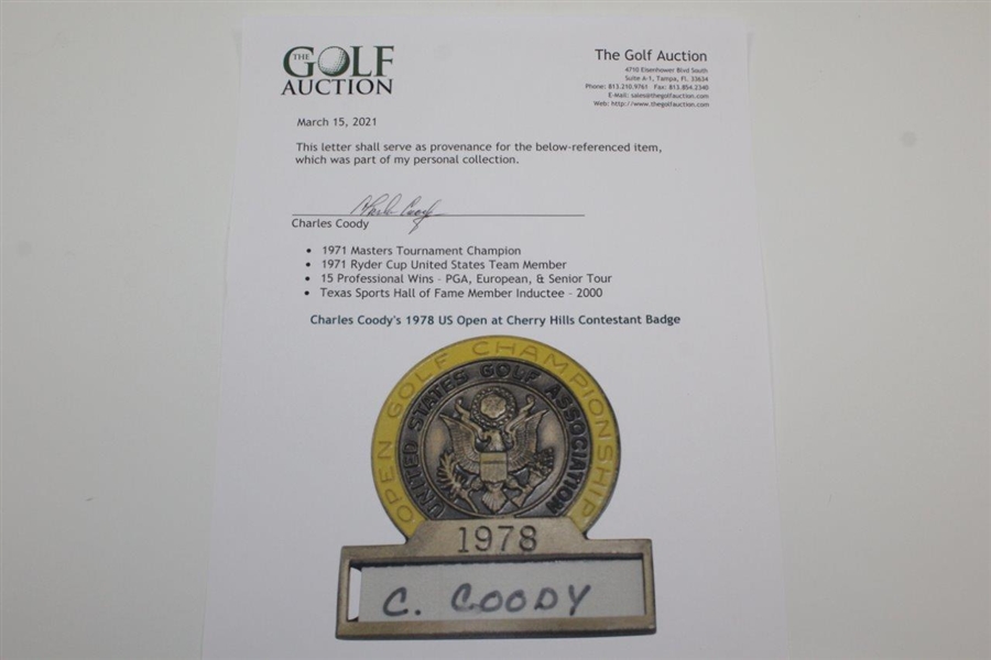 Charles Coody's 1978 US Open at Cherry Hills Contestant Badge