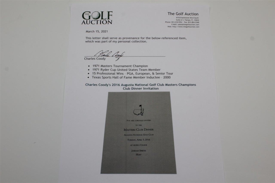 Charles Coody's 2016 Augusta National Golf Club Masters Champions Club Dinner Invitation