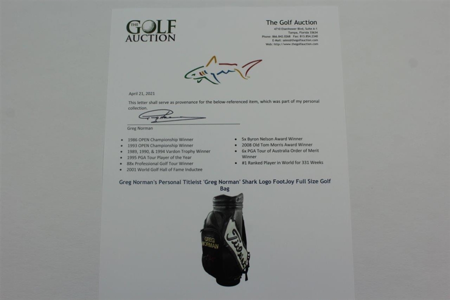 Greg Norman's Personal Titleist 'Greg Norman' Shark Logo FootJoy Full Size Golf Bag