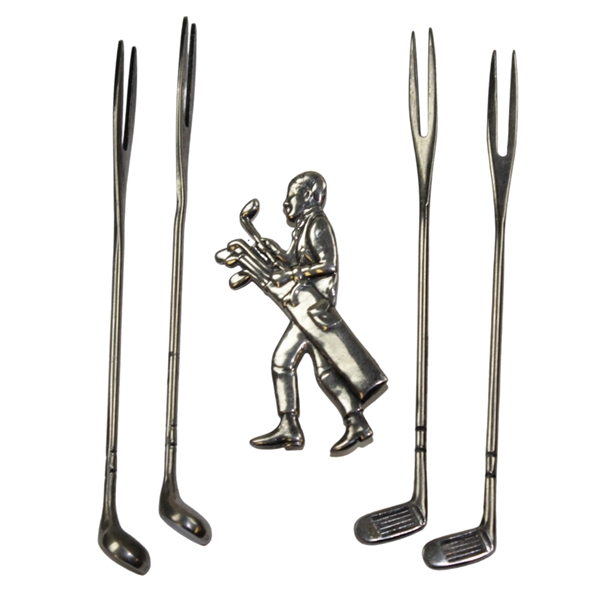 Four Circa 1930's English Golf Club Picks with Sterling Silver Golfer Pin .925 Pure