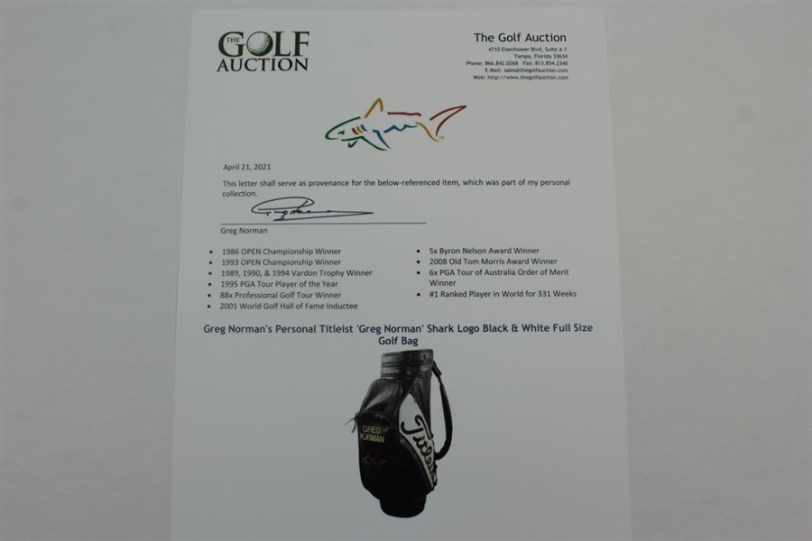 Greg Norman's Personal Titleist 'Greg Norman' Shark Logo Black & White Full Size Golf Bag