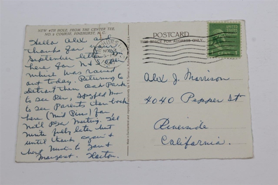 Horton Smith Signed Pinehurst No. 2 Postcard To Alex Morrison - 1949 JSA ALOA