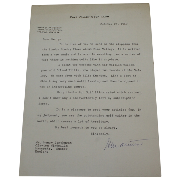1960 Pine Valley Golf Club President John Arthur Brown Letter To Henry Longhurst JSA ALOA