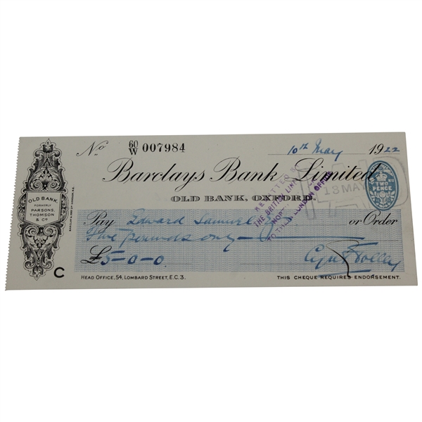 Cyril Tolley Signed May 10th 1922 Barclays Bank Limited Check JSA ALOA