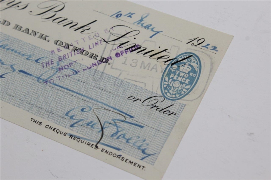 Cyril Tolley Signed May 10th 1922 Barclays Bank Limited Check JSA ALOA