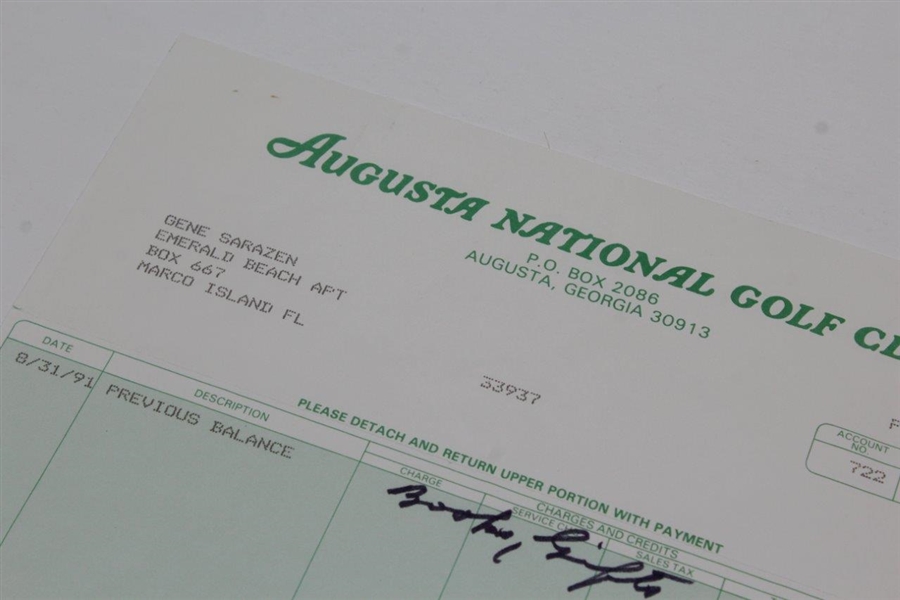 Gene Sarazen Signed Augusta National Golf Club Reciept/Paperwork JSA ALOA