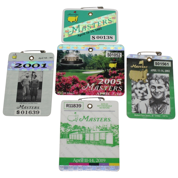 All Five Tiger Woods Masters SERIES Badges from Wins - 1997, 2001, 2002, 2005 & 2019