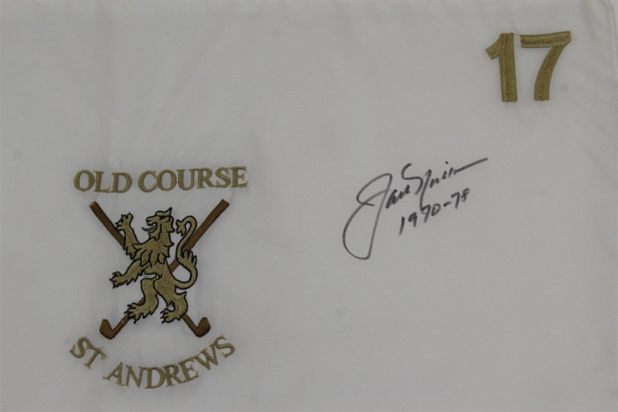 Jack Nicklaus Signed Old Course St. Andrews Embroidered White '17' Flag with Years Won & Letter JSA ALOA