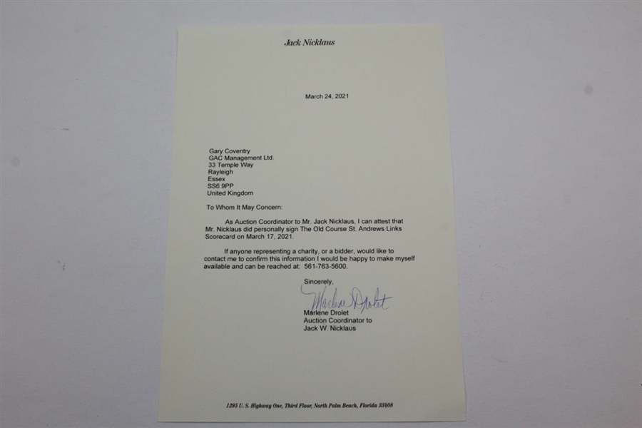 Jack Nicklaus Signed The Old Course St. Andrews Links Scorecard with Letter JSA ALOA
