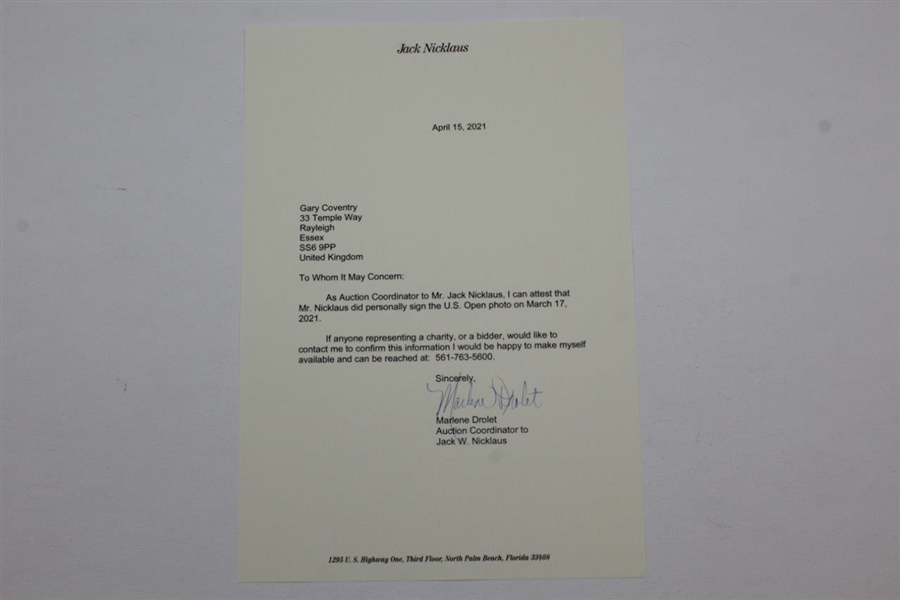 Jack Nicklaus Signed Photo at 1962 US Open at Oakmont CC with Letter - JSA ALOA