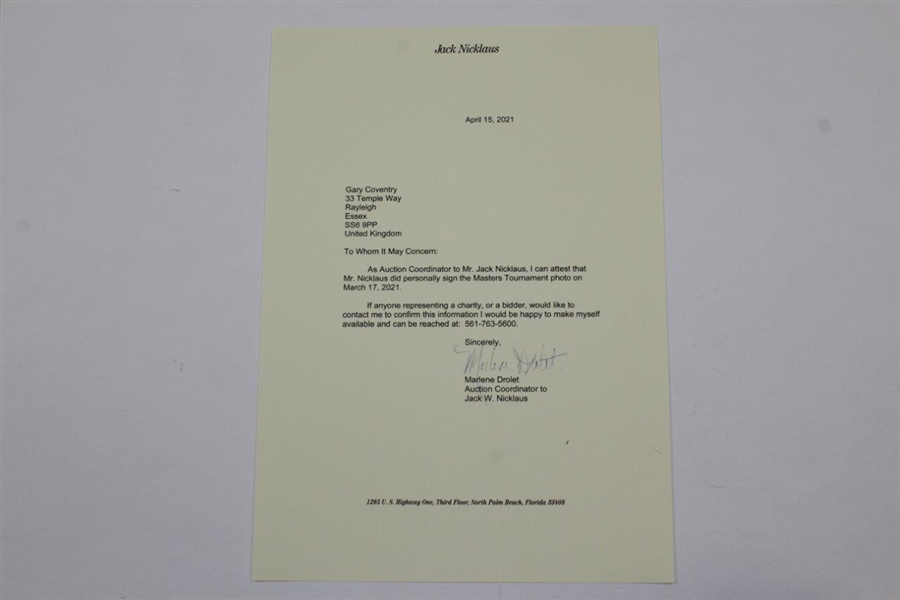 Jack Nicklaus Signed Photo 04/12/1986 Masters Bunker Shot with Letter - JSA ALOA