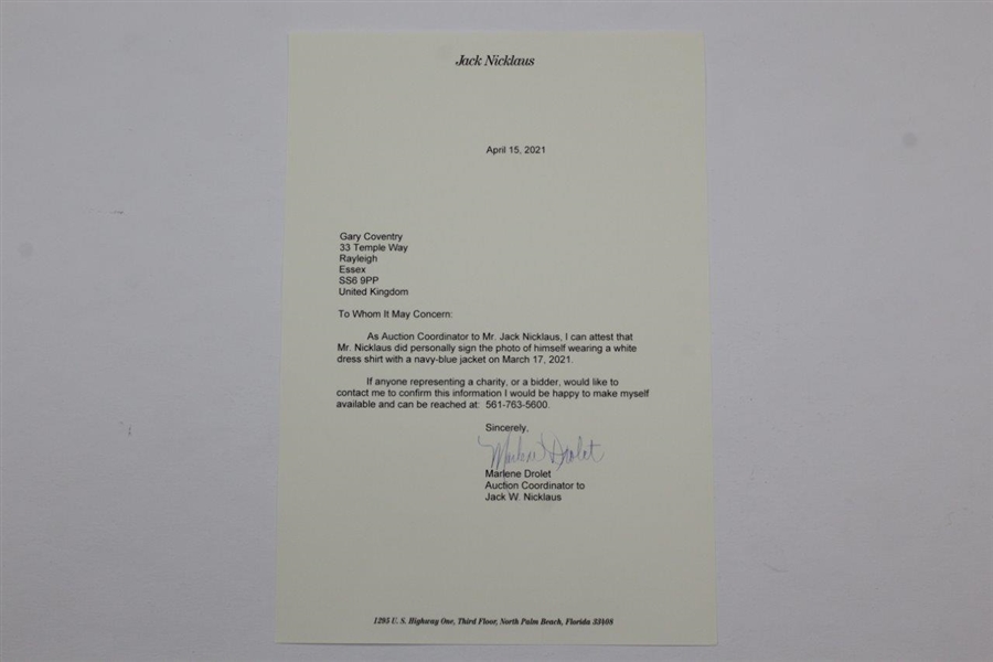 Jack Nicklaus Signed Photo White Dress Shirt & Navy Jacket with Letter - JSA ALOA