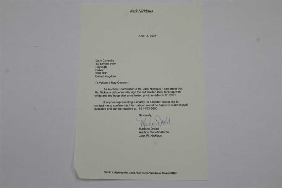 Jack Nicklaus Signed Photo Red Golden Bear Tank Top Good Golfing with Letter - JSA ALOA