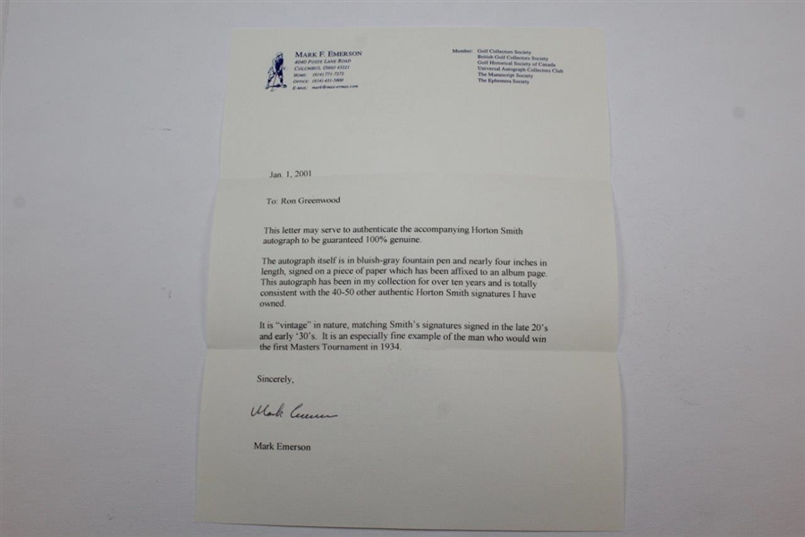 Horton Smith Perfectly Signed Cut with Mark Emerson Letter JSA ALOA