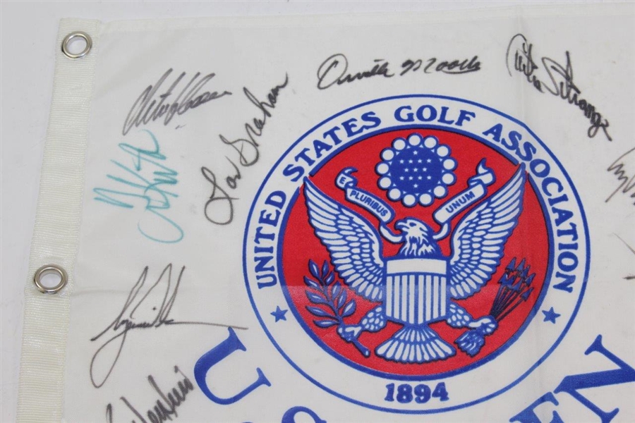 Tiger, Payne, Jack, & 20 others Signed US Open Champs USGA Flag JSA LOA