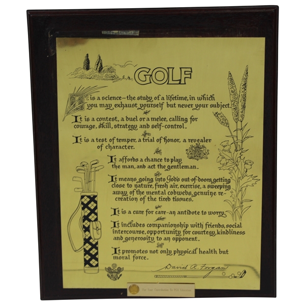 David A. Forgan 'GOLF' Gifted Display For PGA Education Contributions - Jack Sargent Collection