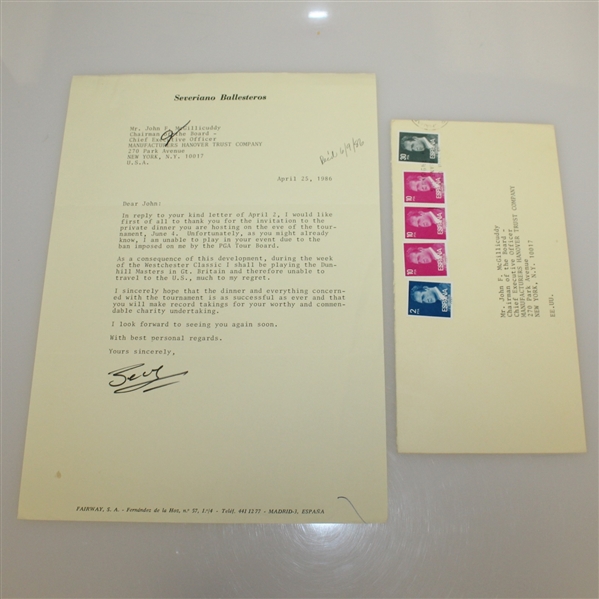 Seve Ballesteros Signed 1986 Letter Regarding Westchester Classic and PGA Tour Ban JSA ALOA