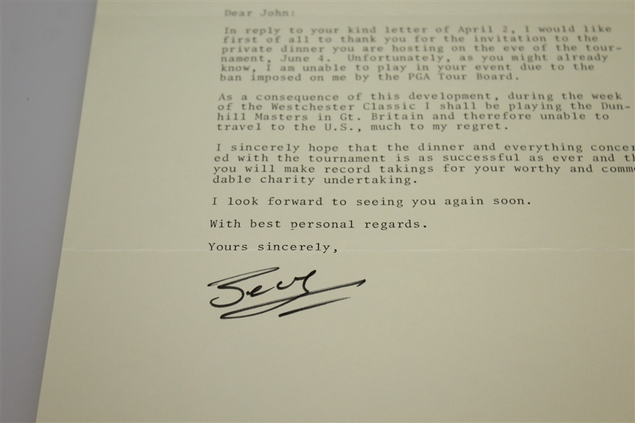 Seve Ballesteros Signed 1986 Letter Regarding Westchester Classic and PGA Tour Ban JSA ALOA