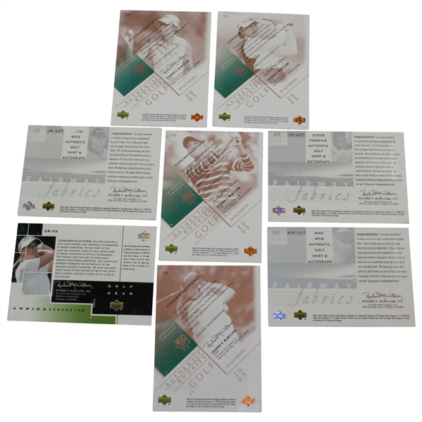 Eight (8) Signed Upper Deck Golf Cards - Golf Gear, Auth. Rookie, & Fairway Fabrics - Annika, Rose, & others JSA ALOA