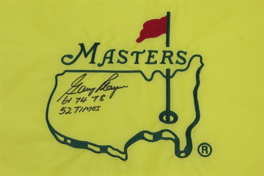 Gary Player Signed Masters Undated Flag with Years Won & '52 Times' JSA ALOA