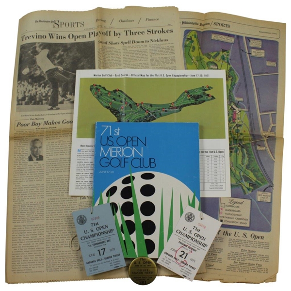 Large 1971 U S Open at Merion Ephemera Grouping - Program, Tickets, Newspaper, & more