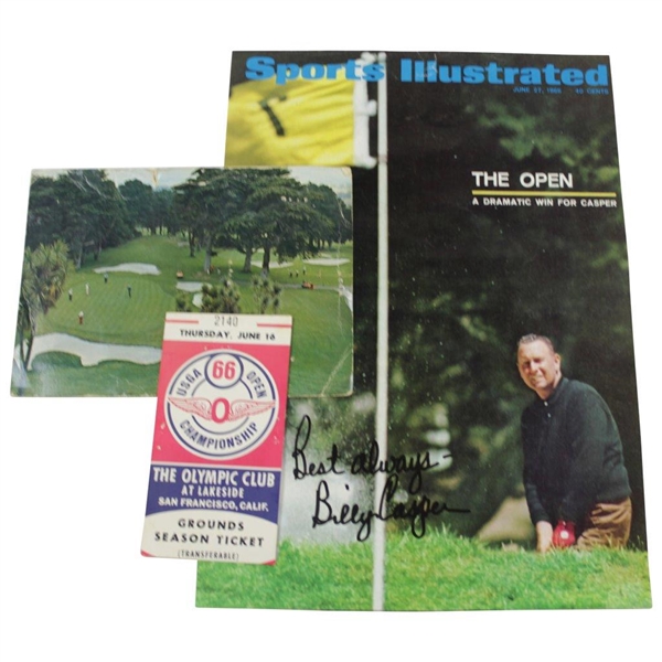 Billy Casper Signed SI Cover Only with 1966 US Open Ticket & Postcard JSA ALOA
