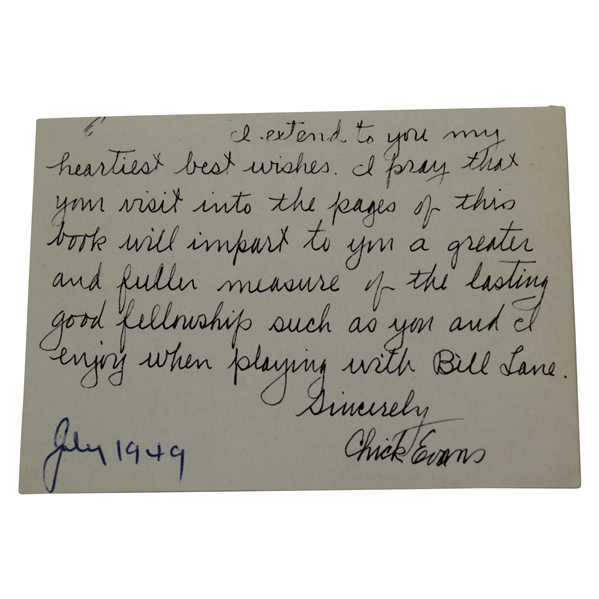 Chick Evans Signed Handwritten Card to Personal Friend JSA ALOA