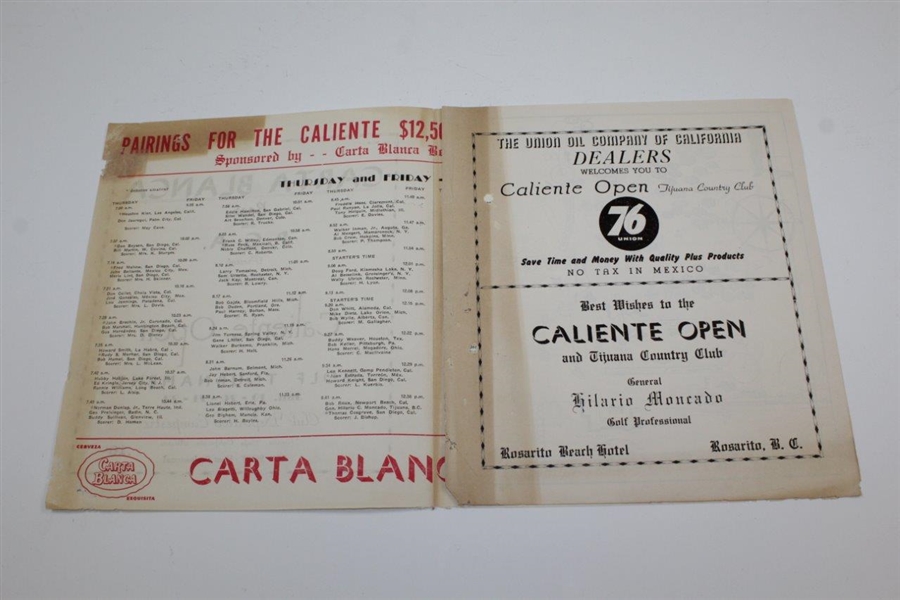 1956 Caliente Open Golf Tournament Pairing Sheet - Presented by Beer & P.G.A.