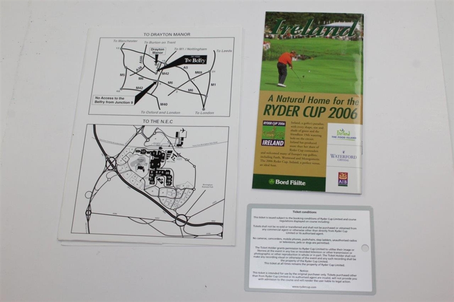 2001 Ryder Cup at The Belfry Course Guide, Booklet, Ticket, Newspaper, & Sergio Garcia Signed Large Sticker JSA ALOA