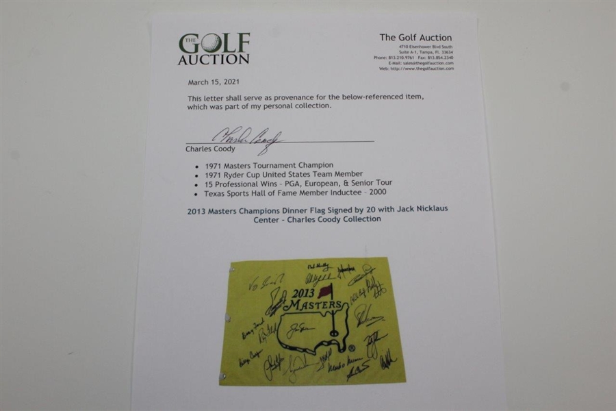 2013 Masters Champions Dinner Flag Signed by 20 with Jack Nicklaus Center - Charles Coody Collection JSA ALOA