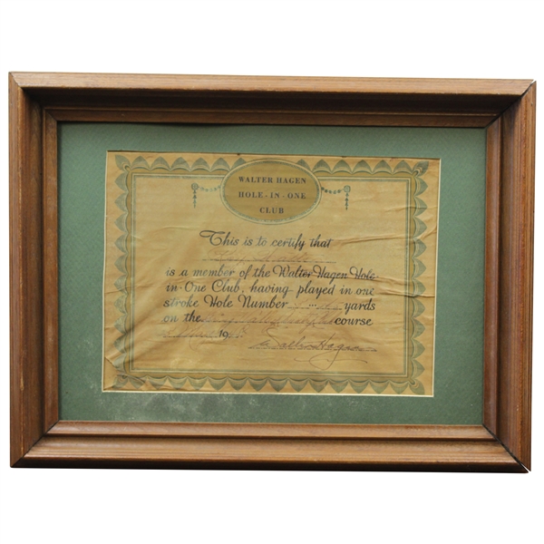 Walter Hagen Signed 1948 Hole-In-One Certificate - Framed JSA ALOA