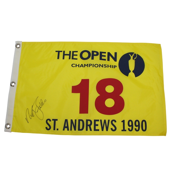 Nick Faldo Signed 1990 The OPEN at St. Andrews Yellow Screen Replica Flag JSA ALOA