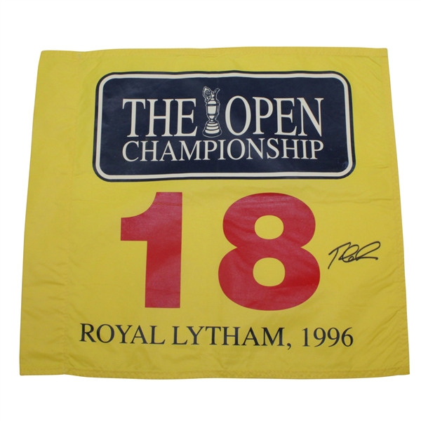 Tom Lehman Signed 1996 The OPEN at Royal Lytham Yellow Replica Screen Flag JSA ALOA