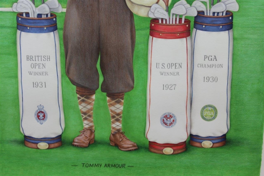 Original Colored Pencil Tommy Armour with Major Championships Bags - Signed by Artist Kathy M. Crosse JSA ALOA