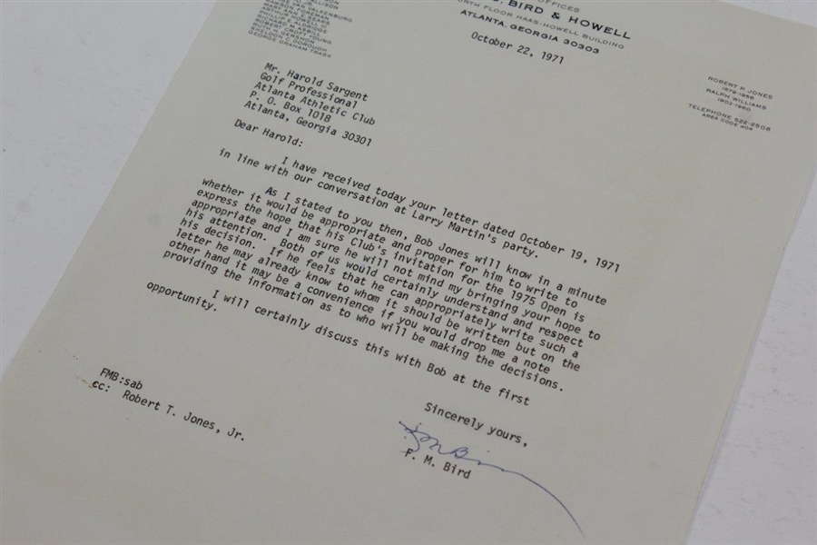 1971 F.M. Bird Signed Letter To Harold Sargent From Robert T. Jones Law Office - CC: Robert T. Jones, Jr. JSA ALOA