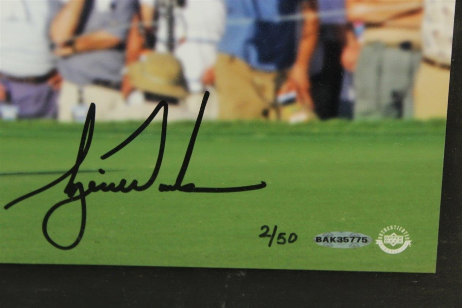 Tiger Woods Signed Ltd Ed 2/50 Tiger Eyeing Ball with Scoreboard Photo - Framed #BAK35775