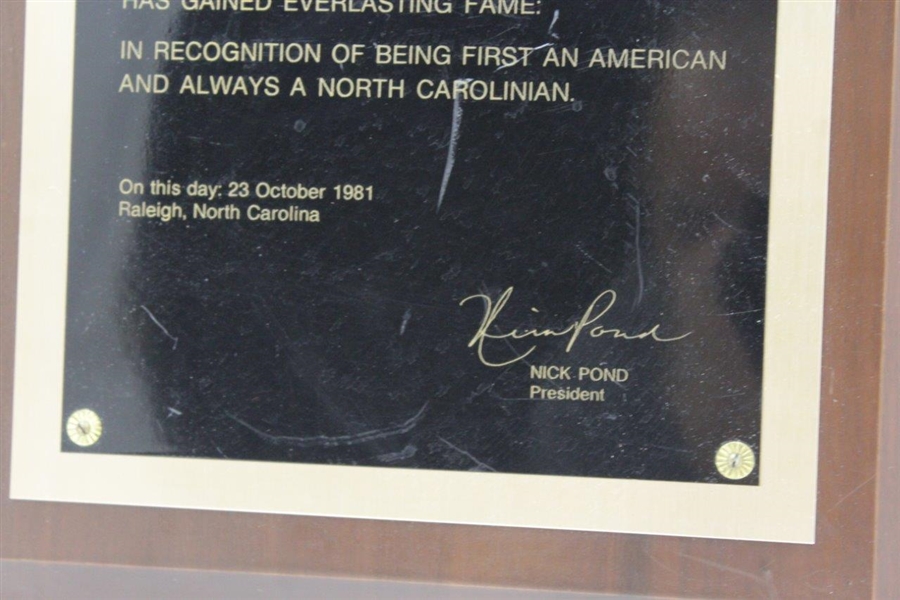 Ray Floyd's 1981 North Carolina Sports Hall of Fame Appreciation Plaque