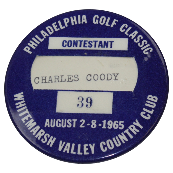 Charles Coody's 1965 Philadelphia Golf Classic at Whitemarsh Valley CC Contestant Badge #39