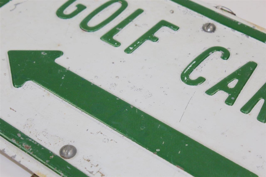 Vintage Green and White Golf Cars Porcelain Sign on Post