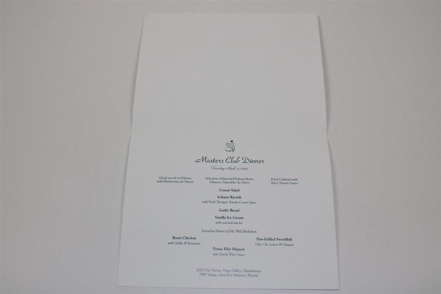 2005 Masters Tournament Club Dinner Menu - Served in Honor of Phil Mickelson