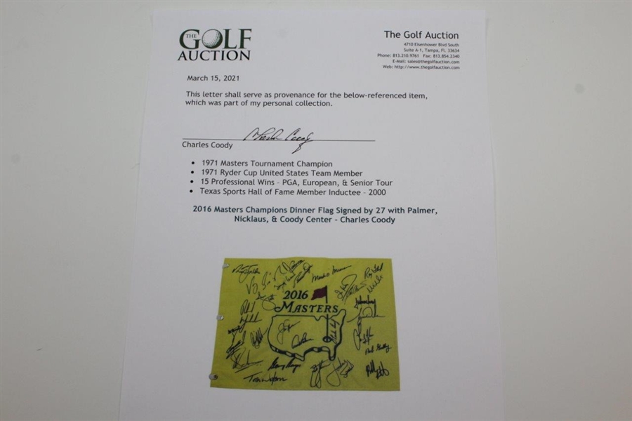 2016 Masters Champions Dinner Flag Signed by 27 with Palmer, Nicklaus, & Coody Center - Charles Coody Collection JSA ALOA