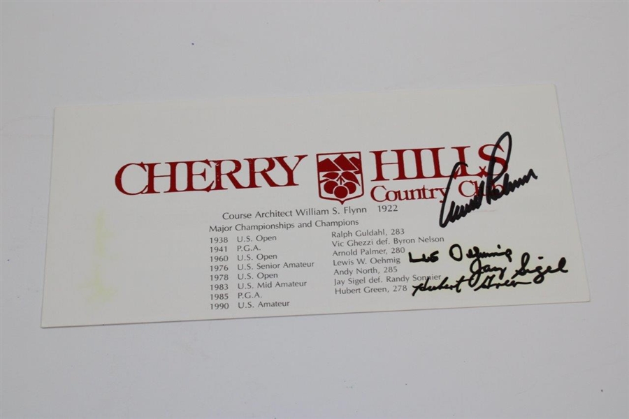 Arnold Palmer Signed Cherry Hills Scorecard (Byron Nelson) & Magazine Page with Bumper Stickers JSA ALOA