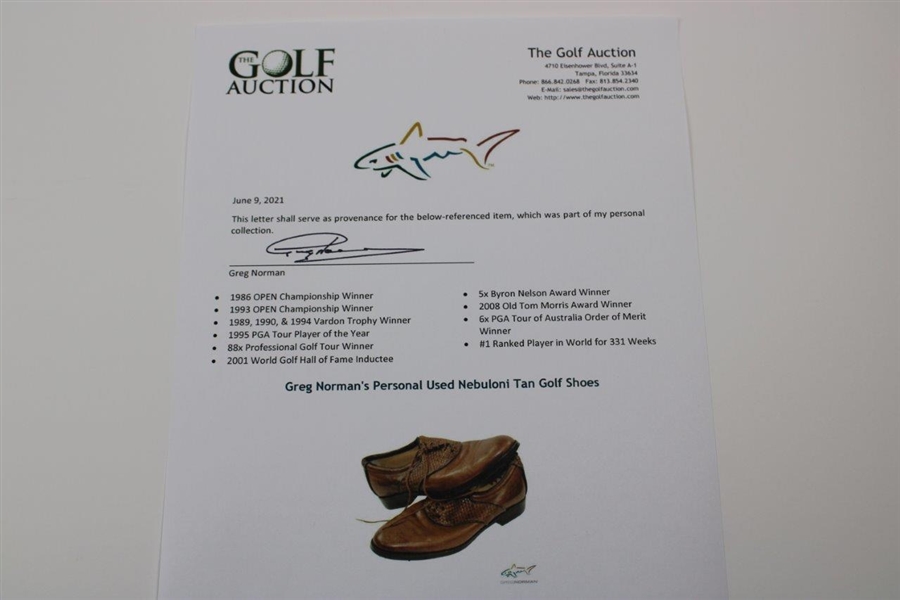 Greg Norman's Personal Used Nebuloni Tan Golf Shoes
