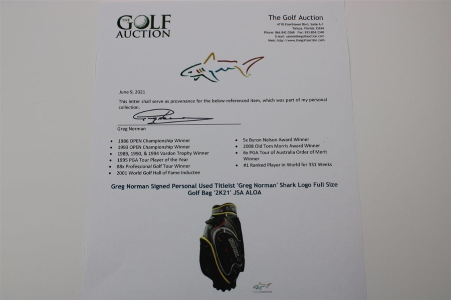 Greg Norman Signed Personal Used Titleist 'Greg Norman' Shark Logo Full Size Golf Bag '2K21' JSA ALOA