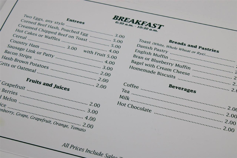 Masters Tournament Breakfast & Lunch Menu Depicting '1952 Masters Clubouse Terrace'