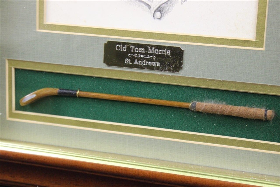 Original Old Tom Morris Pencil Drawing by Artist Bill Waugh w/Miniature Handmade Club - Framed